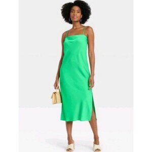 Womens Green Satin Midi Slip Dress Spaghetti Straps By A New Day Size M Sexy